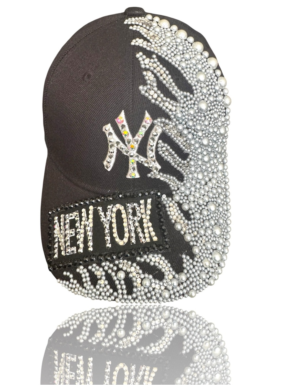 Black Rhinestone 'New York' Cap with Decorative Pearls